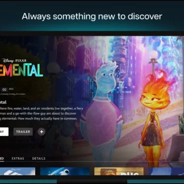 Disney+ screen featuring Pixar’s Elemental with a featured movie preview and discover new favorites section.