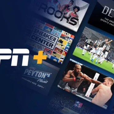 ESPN+ streaming service interface featuring live events, ESPN Originals, and UFC content on a large TV screen.