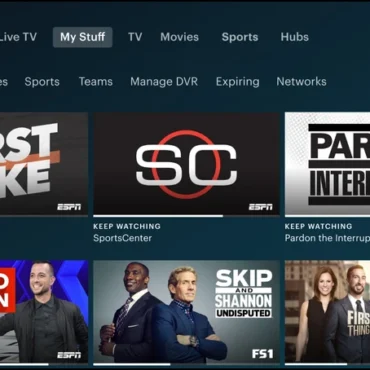 Hulu TV My Stuff page showing saved sports shows, DVR categories, and watched content.