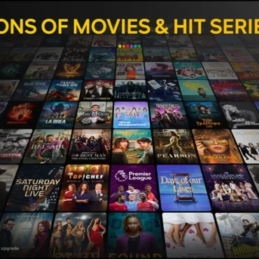 Peacock TV Premium Plus library with tons of movies and hit series displayed on a streaming grid.