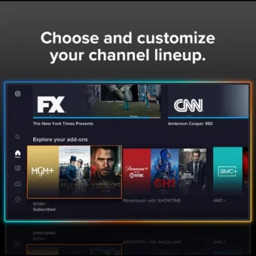 Sling TV interface showing channel customization and add-on options.