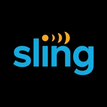 Sling TV logo on a black background with blue and orange branding.