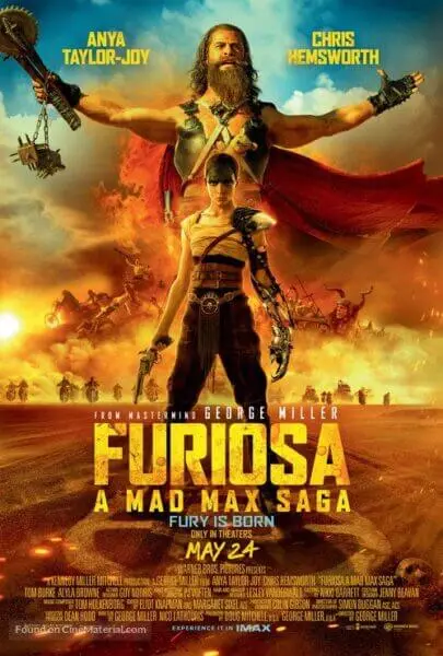 Furiosa movie poster with a desert war scene, ideal for action movie streaming and online entertainment content.