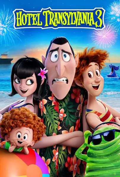 Hotel Transylvania 3 movie poster with animated characters on a beach, ideal for family movie streaming and online entertainment.