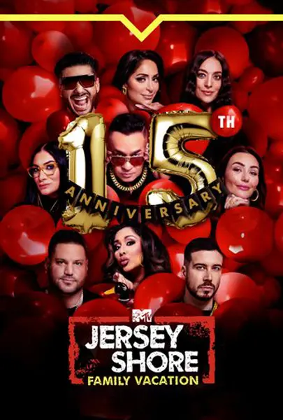 Jersey Shore Family Vacation anniversary poster with a reality TV cast, ideal for reality show streaming and online entertainment.