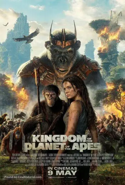 Kingdom of the Planet of the Apes movie poster with a futuristic ape leader and dramatic battle scene, ideal for sci-fi movie streaming.