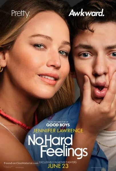 No Hard Feelings movie poster featuring Jennifer Lawrence, ideal for comedy movie streaming and online entertainment.
