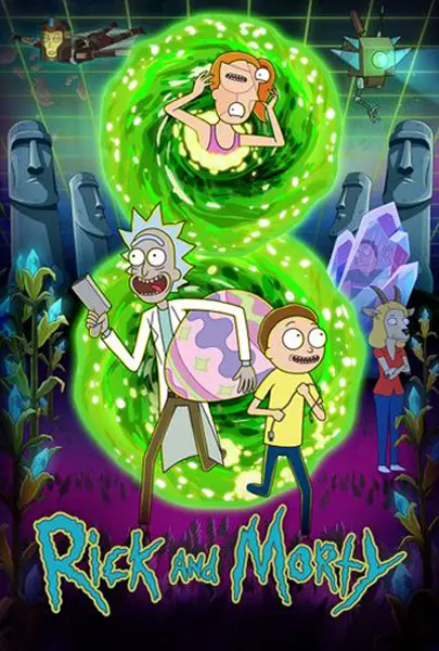 Rick and Morty cartoon poster with sci-fi characters and a glowing portal, ideal for animated series streaming and online entertainment.
