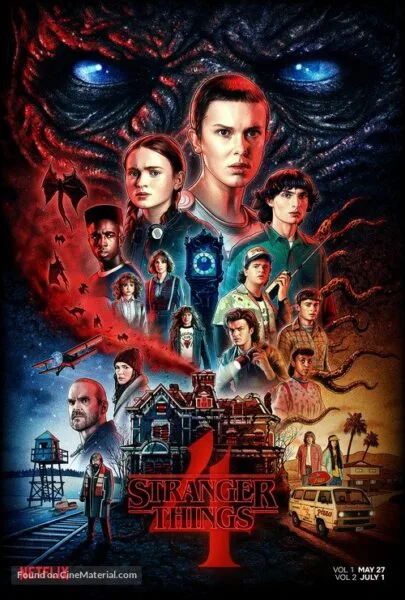 Stranger Things Season 4 Netflix poster with a dramatic cast collage and supernatural horror theme, ideal for thriller series streaming and binge-watch entertainment.