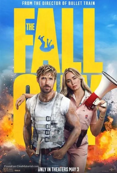 The Fall Guy movie poster featuring Ryan Gosling and Emily Blunt with an explosive action background, ideal for action comedy streaming and online entertainment.
