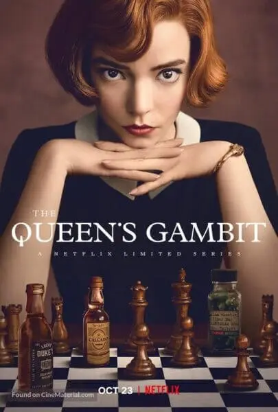 The Queen’s Gambit Netflix poster with a chessboard and a woman in a dramatic pose, ideal for drama series streaming and online entertainment.