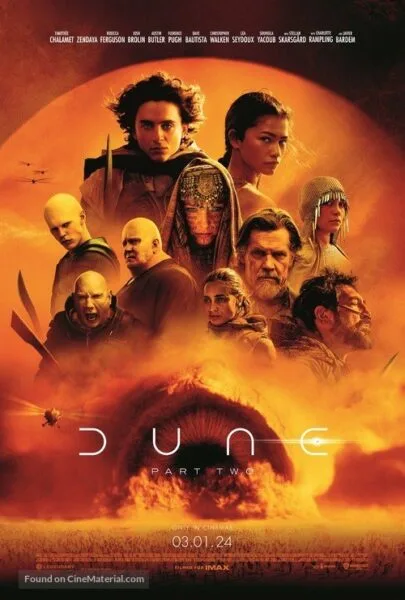 Dune: Part Two movie poster with dramatic sci-fi characters in an orange desert scene, ideal for sci-fi movie streaming and online entertainment.
